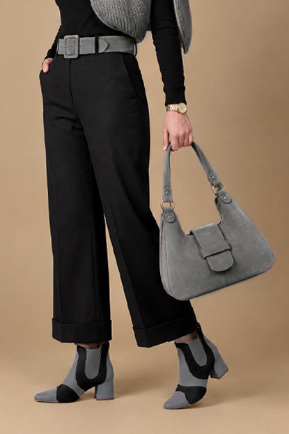 Women's slate gray, pitch black and charcoal gray two-tone chelsea boots with round toe and low flared heel - Worn view